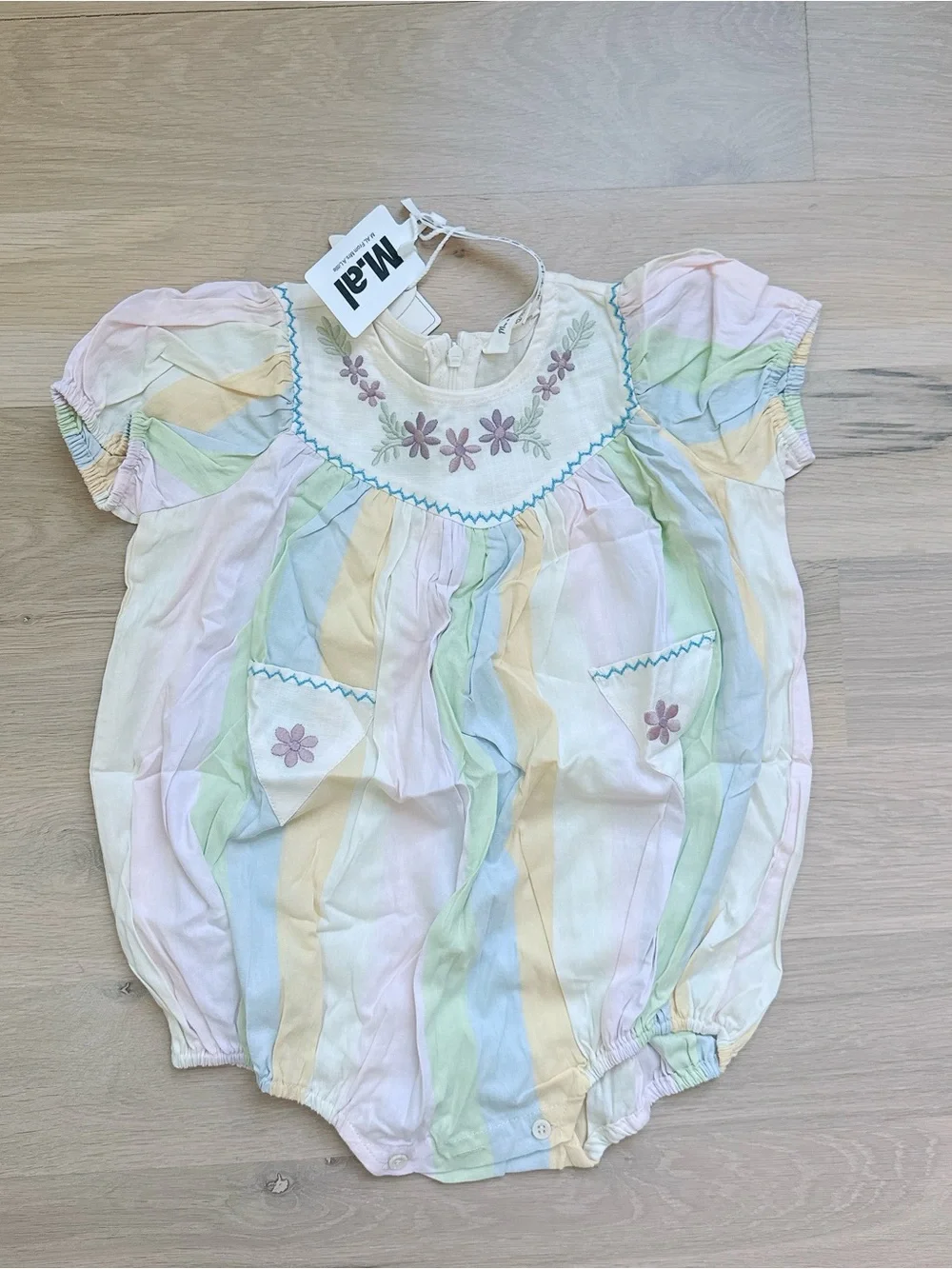 NWT Apo-style Pastel Rainbow Striped Embroidered Baby Romper Painters Stripe